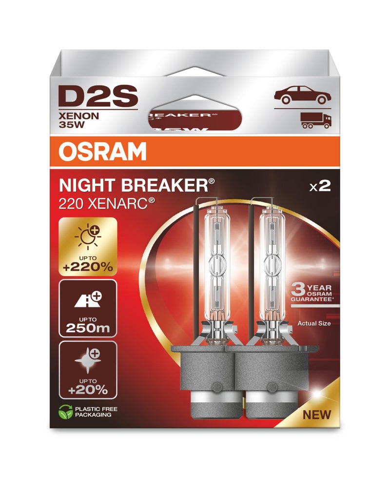 مصباح هالوجين زينون OSRAM Xenarc Night Breaker 220 D2S 220 مزيد من السطوع 66240XN22HB صندوق قابل للطي 2 مصابيح